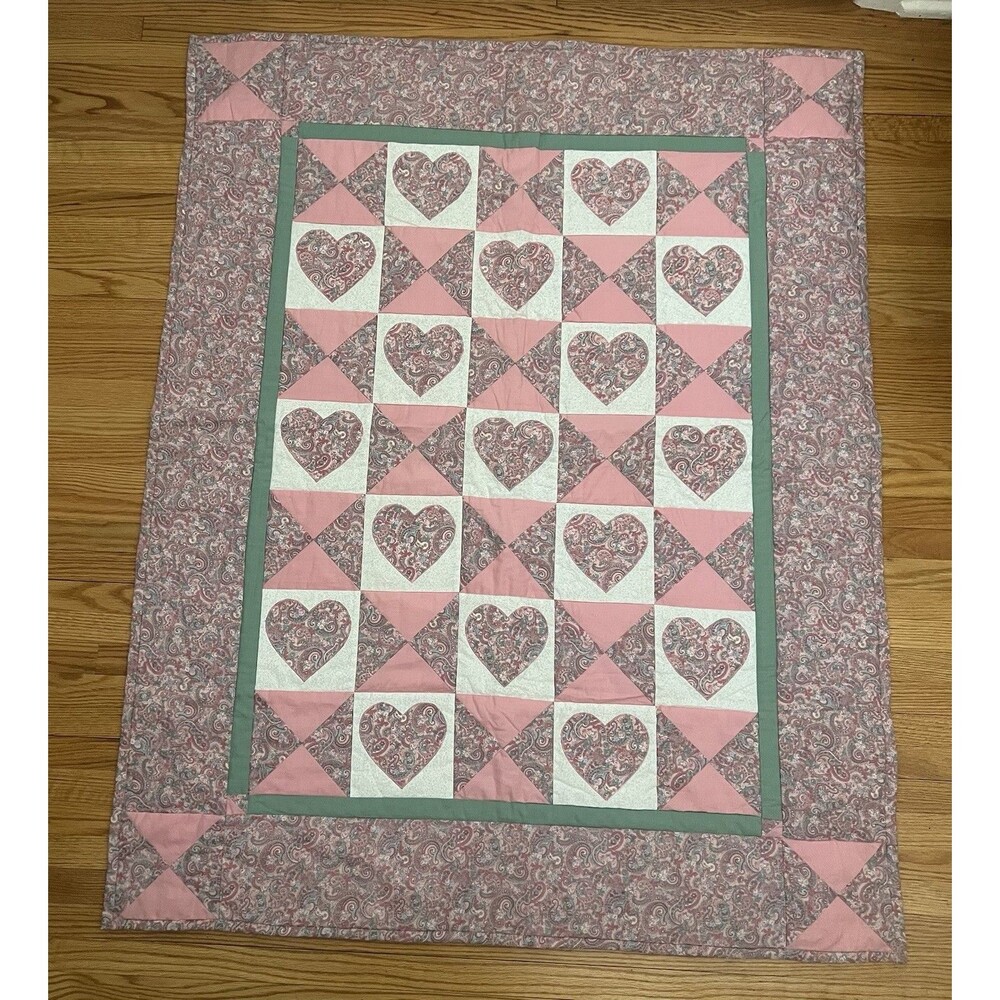 Vintage Quilt Hearts Embroidery Lap Throw 46x37 Pink White Valentine Grandmacore